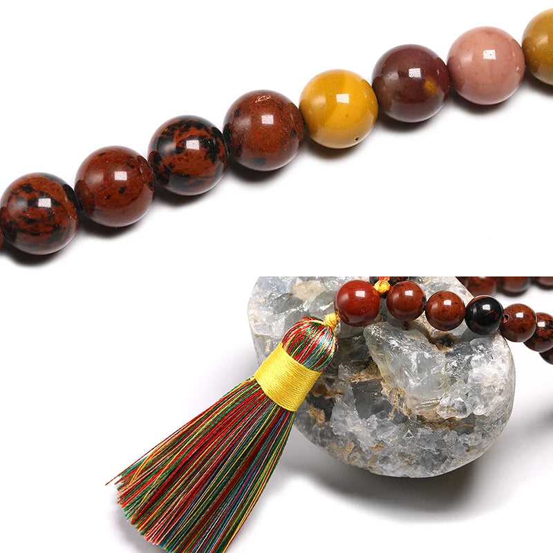 Japamala com pedra Mokaite, pedra Obsidiana e pedra Onix (pulseira e colar set)