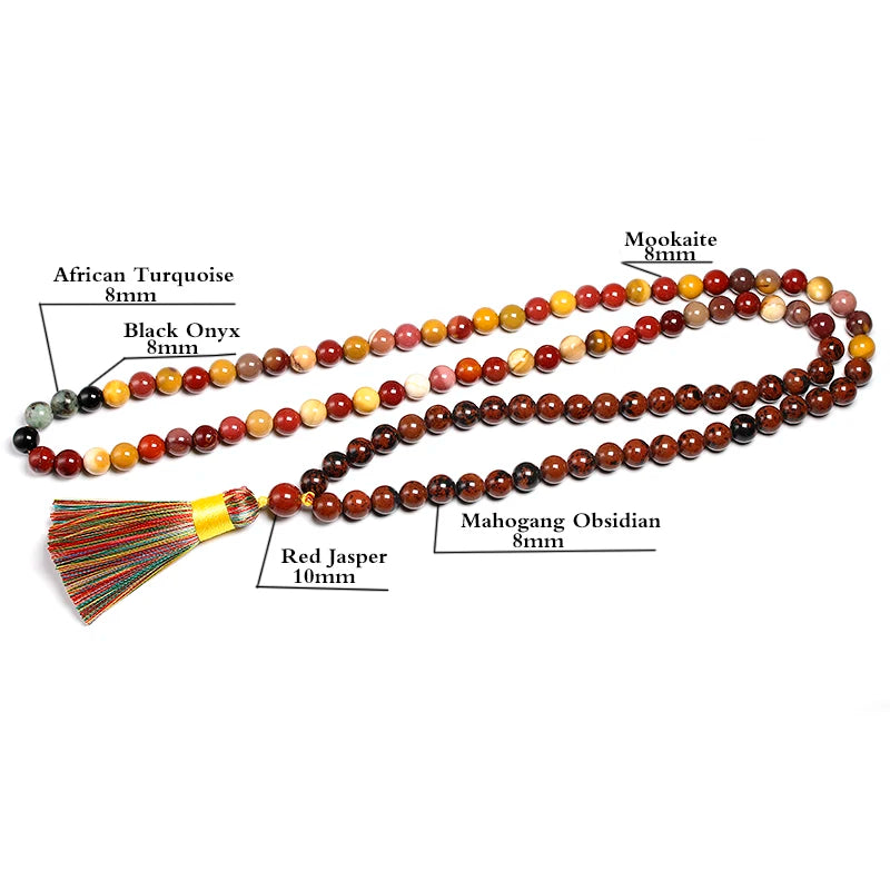 Japamala com pedra Mokaite, pedra Obsidiana e pedra Onix (pulseira e colar set)