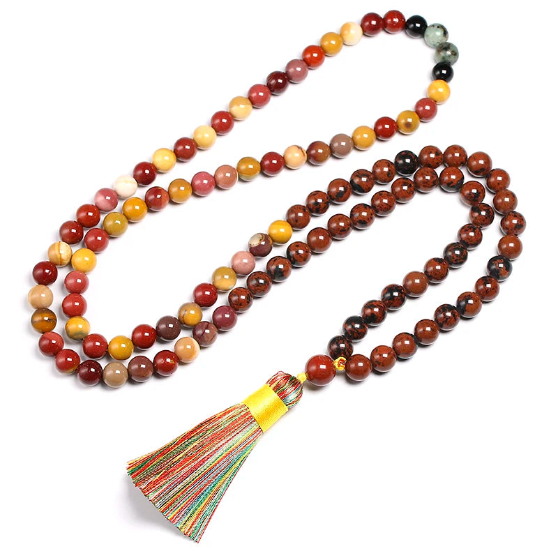 Japamala com pedra Mokaite, pedra Obsidiana e pedra Onix (pulseira e colar set)
