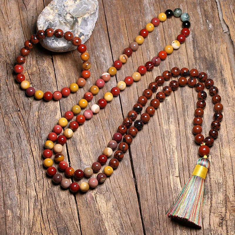 Japamala com pedra Mokaite, pedra Obsidiana e pedra Onix (pulseira e colar set)