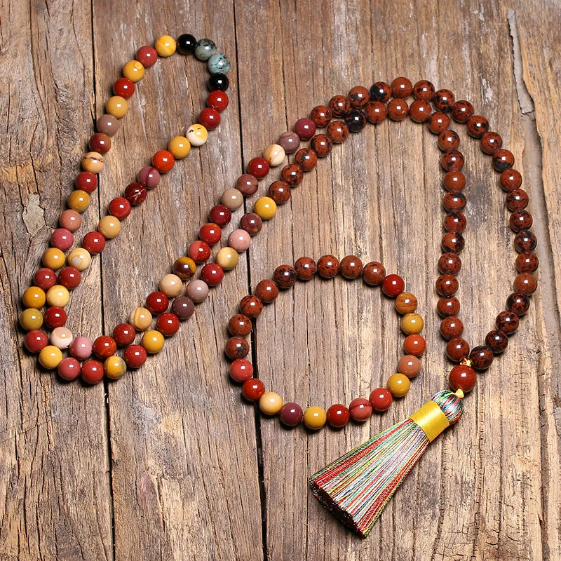 Japamala com pedra Mokaite, pedra Obsidiana e pedra Onix (pulseira e colar set)